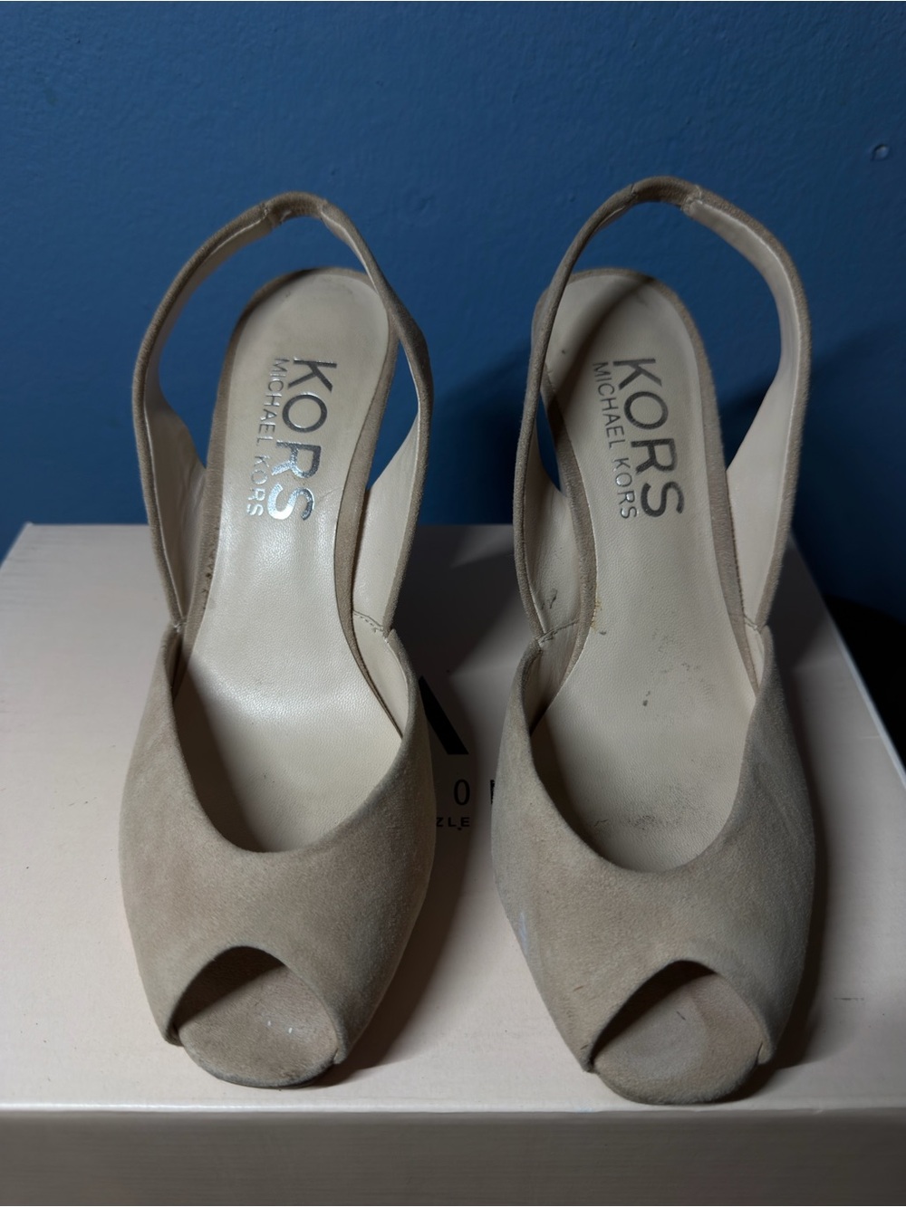 Michael Kors Taupe Suede Peep-Toe Slingback Heels